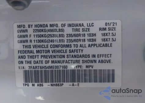 2021 Honda Cr-V Hybrid Ex z USA, uszkodzony, nr VIN 7FART6H54ME007160